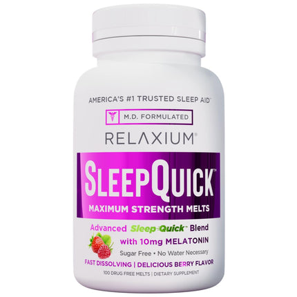 Relaxium Sleep Quick Maximum Strength Melts, Fast Acting Sleep Aid with 10 mg Melatonin, Drug Free Dietary Supplement, Vegan, Gluten Free, Made in USA, 100 Servings, Berry Flavor