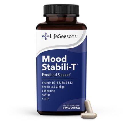 LifeSeasons Mood Stabili-T Emotional Support & Balance Supplement with Saffron, Rhodiola, L-Theanine, 5-HTP & Ginkgo – Calm Focus, Stress Support & Positive Mood – 60 Veg Capsules
