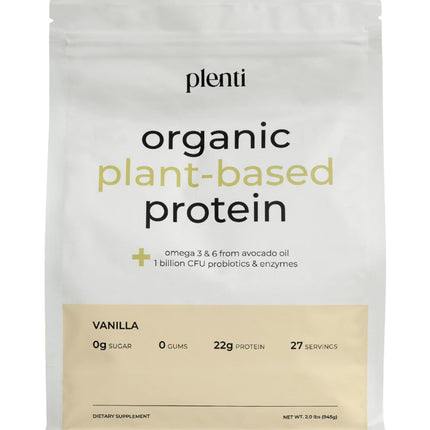 plenti Organic Plant-Based Protein Powder: Vanilla - 20g Pea Protein + Probiotics, Digestive Enzymes & Omega 3-6, Gut Friendly, Sugar Free, 27 Servings (2 lbs)