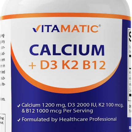 Vitamatic Calcium Supplement 1200mg with D3, K2 & B12, Immune & Bone Health Support - 365 Coated Tablets