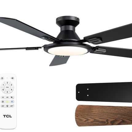 TCL Ceiling Fans with Lights, 52 Inch Low Profile Ceiling Fan with Light and Remote Control, Flush Mount, DC Reversible Motor, Noiseless, 6 Speeds Ceiling Fan for Bedroom (Black)