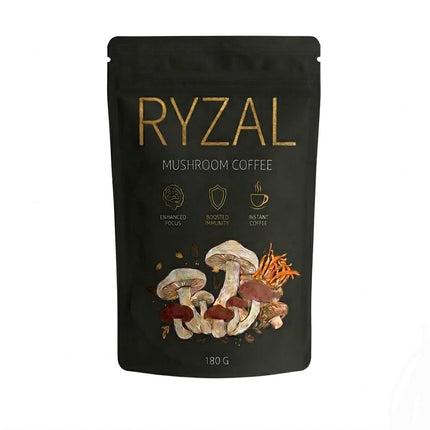RYZAL Mushroom Coffee, Instant Organic Enhanced Focus, Boosted Immunity with Cordyceps, Reishi, Shitake, Turkey Tail, King Trumpet, Lions Mane for Positive Mood & Energy | 30 Servings