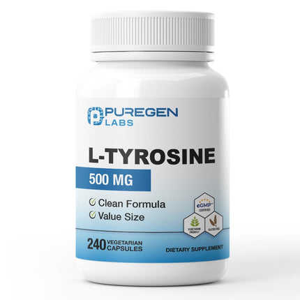 Puregen Labs L-Tyrosine 500 mg, 240 Vegetable Capsules | No Harmful Additives | Non-GMO, Vegan, Gluten Free, Dairy Free - 240 Servings