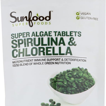 Sunfood Superfoods Chlorella Spirulina Tablets - Spirulina and Chlorella Green Algae Tablets for Women & Men, Source of Chlorophyll, B Vitamins, and Protein, Broken Cell Wall, Vegan - 2 oz Bag
