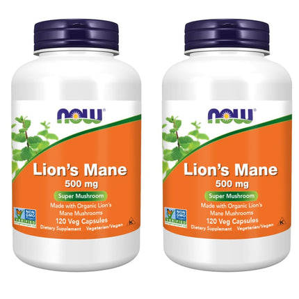 NOW Foods Supplements, Lion's Mane 500 mg, Super Mushroom, Made with Organic Lion's Mane Mushrooms, 120 Veg Capsules (Pack of 2)