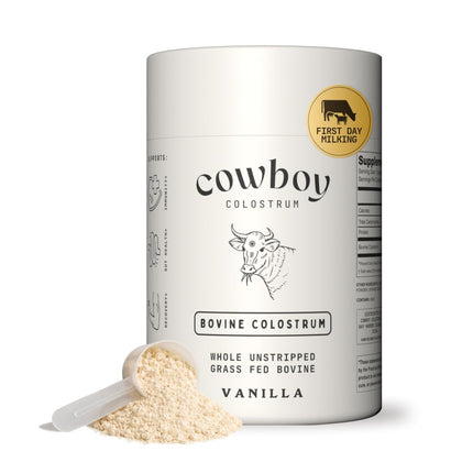 Cowboy - The Exclusive 1st Milking, Whole, Grass Fed Colostrum Supplement for Full Body Health - Bovine Colostrum Powder Packed w/Bioactive Nutrients - Sugar Free (Vanilla, 40 Servings)