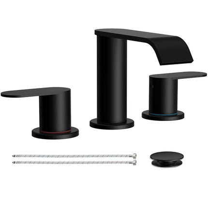 Matte Black Waterfall Bathroom Faucet for Sink 3 Hole 8 Inch Widespread Bathroom Sink Faucets with Pop-up Drain Supply Lines Stainless Steel 2-Handle Bathroom Sink Faucet for Bath Vanity Homevacious