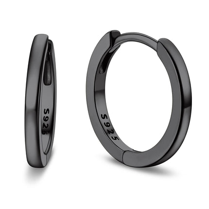 Bandmax Mens Black Small Huggie Hoop Earrings 925 Sterling Silver 10mm Round Huggy Ear Hoops Aretes Negros para Hombre Silver Ears Jewelry Gift for Women Men