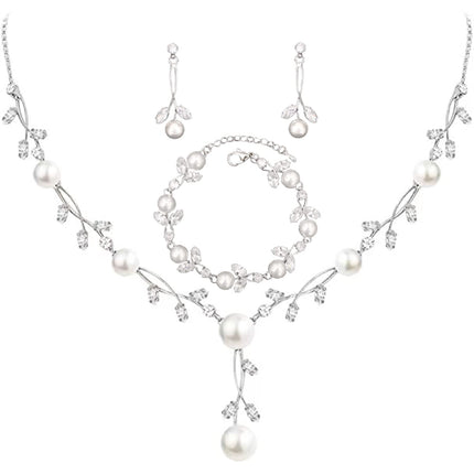 Enrwin Luxury Cubic Zirconia Aurtrian Crystal Pearl Floral Necklace Dangle Earrings Link Bracelet Set Wedding Bridal Jewelry Set Birthday Gifts for Her, Style2-Clear-Silver Plated