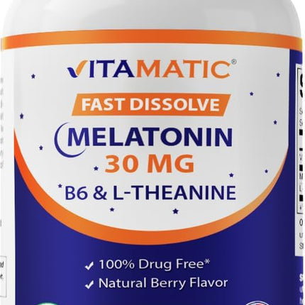 Vitamatic Melatonin 30 mg - with B6 & L-Theanine - 120 Fast Dissolve Tablets with Natural Berry Flavor (2 Tablets Dose = Melatonin 60 mg) (120 Count (Pack of 1))