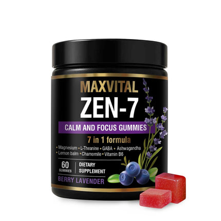 MAXVITAL Zen-7 Calm & Focus Gummies for Adults - Sugar Free Daily Calm & Mental Clarity Support - L-Theanine, GABA, Ashwagandha, Magnesium, Lemon Balm & B6 - Berry Lavender - 60 Vegan Gummies