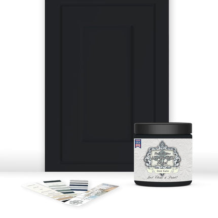 ALL-IN-ONE Paint by Heirloom Traditions, Iron Gate (Black), 8oz Sample - Durable cabinet and furniture paint. Built in primer and top coat, no sanding needed. Includes our 30 featured color card.