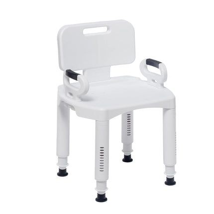 Drive Medical Bathroom Bench with Back & Arms - Adjustable Height - Suction Tip Legs for Stability - Durable Plastic Seat - 350 Lb Capacity - White