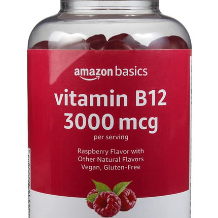 Amazon Basics Vitamin B12 3000 mcg, Normal Energy Production and Metabolism, Immune System Support, 100 Gummies (2 per serving), Pack of 2, Raspberry (Previously Solimo)