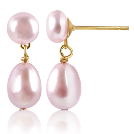 Mini Pearl Drop Earrings for Women - Petite Pink Double Pearl Studs (5mm Top + 10mm Drop), Real Freshwater Cultured, S925 Silver Hypoallergenic Post, 18K Gold Plated Dainty Jewelry