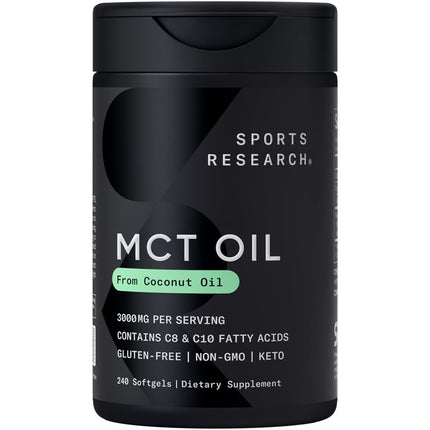 Sports Research® Coconut MCT Oil 3000mg - Keto Brain & Body Fuel - C8 + C10 MCT Oil from Coconut · Keto · Non-GMO - Gluten Free - 240 Softgels