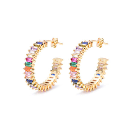 Savlano 14K Gold Plated Cubic Zirconia Multicolor Rainbow Round Hoop Stud Earrings for Women Comes with a Gift Box (Yellow)
