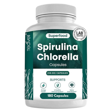 Teaveli Organic Spirulina and Chlorella Capsules – 180 Chlorophyll Pills, Blue Green Algae Powder Capsules to Support Detox, Mitochondria & Energy– 3X More Chlorella Spirulina Powder/Serving