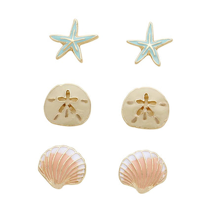 Rosemarie Collections Women's Beach Stud Earrings Set of 3 Starfish Sand Dollar Shell (Enamel Colors)