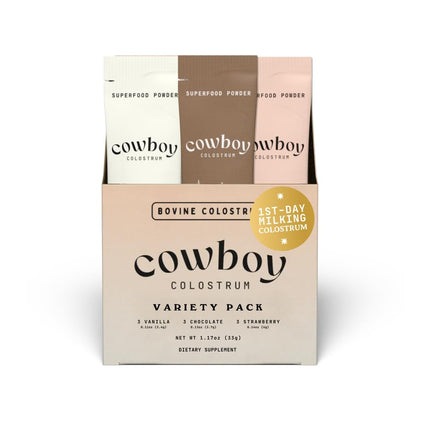 Cowboy - The Exclusive 1st Milking, Whole, Grass Fed Colostrum Supplement for Full Body Health - Bovine Colostrum Powder Packed w/Bioactive Nutrients (9 Travel Packs - Vanilla, Chocolate, Strawberry)