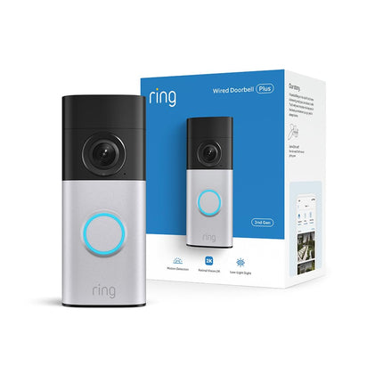 Ring Wired Doorbell Plus (newest model), Home or business security, Retinal 2K with wide-angle video, 4x Enhanced Zoom, and Low-Light Sight, Nickel Silver