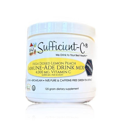Sufficient-C High Dose Non-GMO Vitamin C Lemon Peach Immune-Ade Drink Mix, Convenient 125 Gram Size w/L-lysine, Bromelain & a Premium 96% Pure Green Tea Extract - Stomach Friendly, Adrenal Supportive