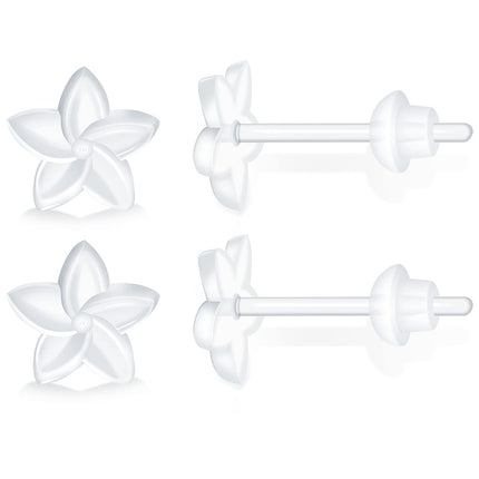 MRI Safe Clear Plastic Earrings for Surgery & Sports, Hypoallergenic Medical Grade Earrings for Sensitive Ears, 20G Silicone Retainer Studs for Women Men - 6 Pairs (Plumeria Flower Design)