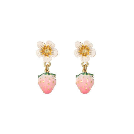 Pink Strawberry Flower Drop Earrings - Cute Enamel Fruit & Floral Stud Drop Earrings for Women, 18K Gold Plated Dainty Aesthetic Jewelry