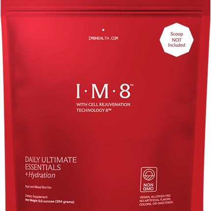 IM8 Daily Ultimate Essentials All-in-One Multivitamin Supplement Powder Starter Kit, 92 Nutrient Rich Ingredients CoQ10, Probiotics, Vitamins, Greens, Gluten Free, Vegan, Acai Mixed Berry, 30 Servings