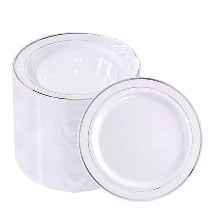 bUCLA 100Pieces Silver Plastic Plates - 6.25inch White with Silver Rim Disposable Salad/Dessert/Appetizer/Small Cake Plates for Weddings, Parties&Gathering