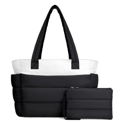 TOPDesign Puffer Tote Bag for Women, Lightweight Puffy Handbag with Compartments & Cosmetic Bag, Quilted Shoulder Bags for Work, Travel, Gym, Gifting (L Black/White)