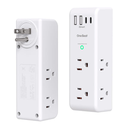 Surge Protector Outlet Extender with Rotating Plug, 6 AC Multi Plug Outlet with 4 USB Ports (3 USB C), 1800 J, 3-Sided Swivel Power Strip with Spaced Outlet Splitter for Dorm Office, White-2 Pack