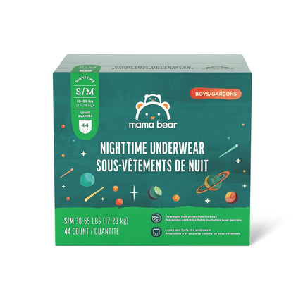 Amazon Brand - Mama Bear Boy's Nighttime Underwear for Bedwetting, Overnight Protection, Hypoallergenic, Stretchy, Breathable, Size S/M (38-65 lbs), 44 Count, White