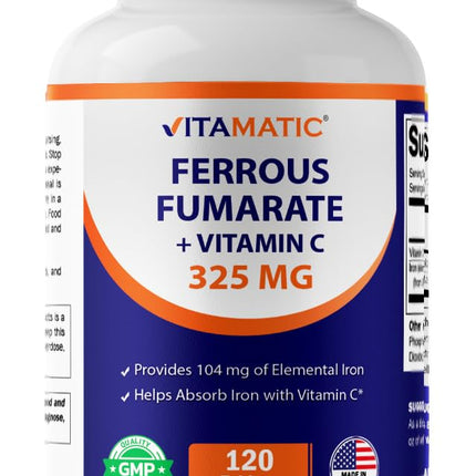 Vitamatic Ferrous Fumarate 325 mg + Vitamin C 100 mg (104 mg Elemental Iron) – High Potency Iron Supplement – Gentle on Stomach, 120 Coated Tablets, Made in USA