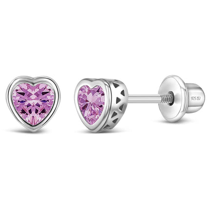 In Season Jewelry CZ Birthstone Heart Kids Earrings - 925 Sterling Silver Hypoallergenic for Girls with Secure Screw Backs - Safe & Comfortable for Toddlers & Kids - Pink