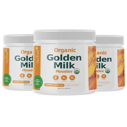 Organic Golden Milk Powder with Vitamins D3 & K2, Turmeric, Ginger, Curcumin, Cinnamon, KSM66 Ashwagandha, Holy Basil & Natural Prebiotics– Delicious Unsweetened Turmeric Tea Latte - 3 Pack