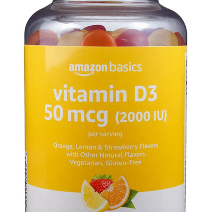 Amazon Basics Vitamin D3 2000 IU Gummies, Orange, Lemon & Strawberry, 160 Count (2 per Serving) (Previously Solimo)