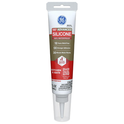 GE Advanced Silicone Caulk for Kitchen & Bathroom, White, 2.8 fl oz Tube, 1 Pack - 100% Waterproof Silicone Sealant, 5X Stronger Adhesion, Shrink & Crack Proof