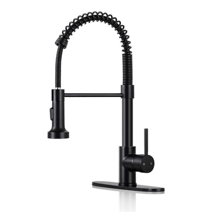 DJS Kitchen Faucets with Pull Down Sprayer Single Handle 1 or 3 Holes Spring Kitchen Sink Faucet with Deck Plate for Farmhouse RV Vessel Basin (Matte Black)