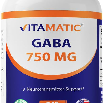 Vitamatic GABA (Gamma Aminobutyric Acid) 750mg, 240 Vegetable Capsules, 240 Servings - Non-GMO, Gluten Free