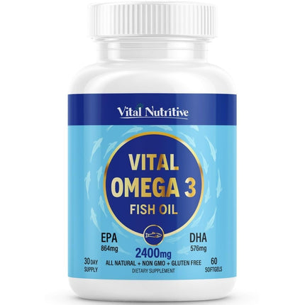 Vital Omega 3 Fish Oil Supplements 2400mg | 864mg EPA & 576mg DHA | 1440mg Total Omega-3 Fatty Acids | Promotes Brain & Heart Health | Non-GMO, Gluten-Free| Lemon | 30 Day Servings