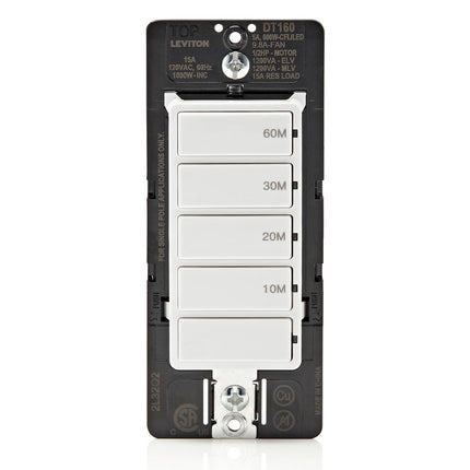 Leviton Countdown Timer Switch for bathroom fan and household lights, 10-20-30-60 min, No Neutral Required, Single Pole, 15A, 1/2HP/9.8A Fan/Motor, DT160-1LW, White