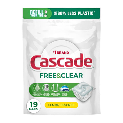Cascade Free & Clear Dishwasher Pods, Dishwasher Detergent, Dish Detergent Soap, Lemon Essence, 19 Count