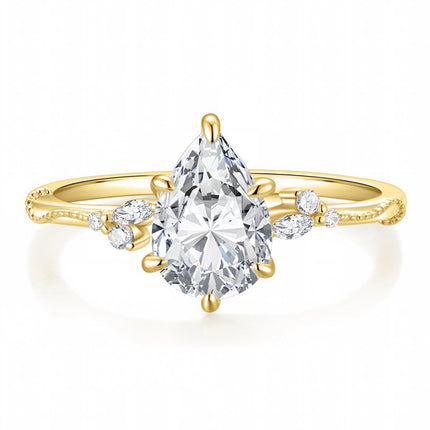 EAMTI 2CT Engagement Rings Pear Cut Wedding Teardrop Bridal Halo Nature Inspired Rings Cubic Zirconia Promise Bands for Women Travel Band 14K Gold Plated Size 7