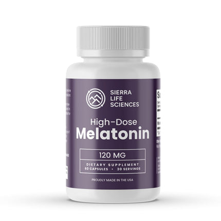 Sierra Life Sciences 120 mg High Dosage Melatonin Supplement - Extra Strength High Potency Sleep Support, Vegan Non-GMO, Made in USA, Easy-to-Swallow Capsules 60 Count (30 Servings)