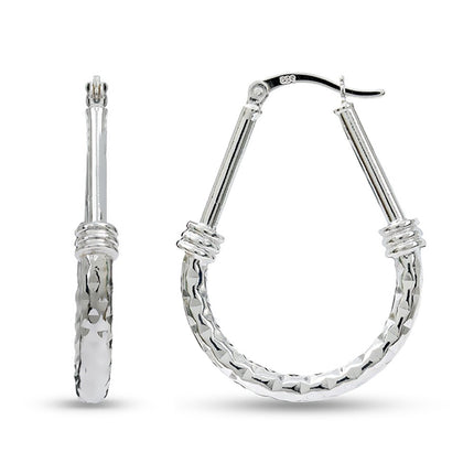 LeCalla 925 Sterling Silver Hoop Earrings for Women - Classic Diamond Cut Oval Hoop Earrings Trendy | Anti Tarnish Textured Hoops Jewelry Gifts for Women | Jewelry for Work, Party, Anniversary & Birthday 35mm