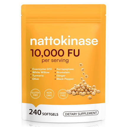 AIQIUSHA Nattokinase 10,000 FU with Serrapeptase, Bromelain & CoQ10, Triple Enzyme Complex from Fermented Soy Extract, Herbal Blend with Turmeric & Olive Leaf, Enteric Softgels, Non-GMO, 240 Count