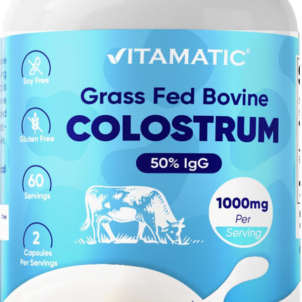 Vitamatic Bovine Colostrum Supplement 1000 mg per Serving - 50% Highest IgG - Supplement for Gut Health, Hair Growth, Beauty, Muscle Recovery, & Immune Support - 120 Capsules