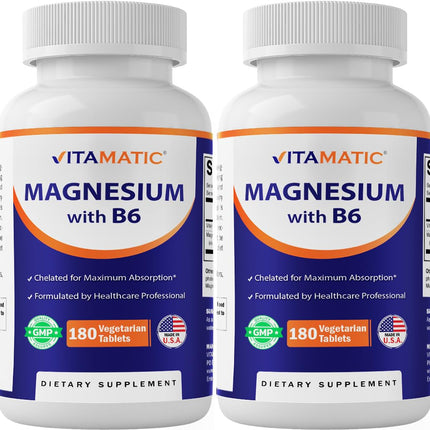 Vitamatic Magnesium with B6-180 Vegetarian Tablets (Uncoated) - Added B6 for Maximum Absorption - Supports Muscle, Joint, and Heart Health - 2 Pack