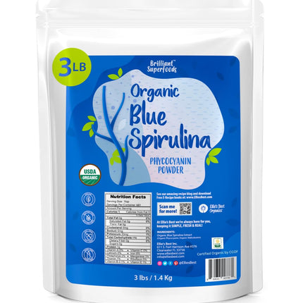 Ellie's Best Organic Blue Spirulina Powder Superfood Supplement - Odorless - 3LB Bulk - Vegan, Non GMO, Gluten-Free, Dairy-Free, Brilliant Blue Food Coloring - Pure Water Extracted